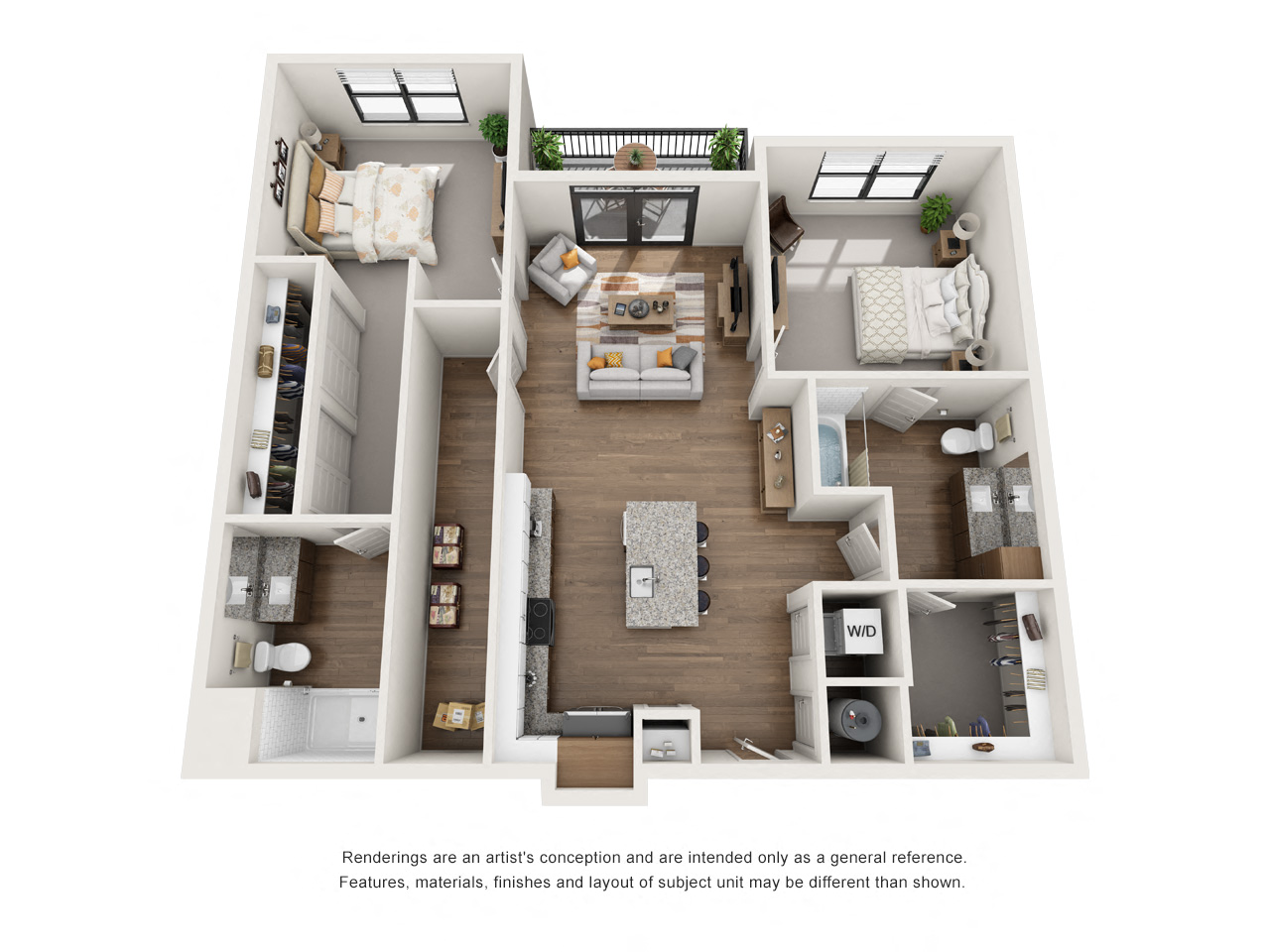 Floor plan for 2 beds, 2 baths, 1038 sqft